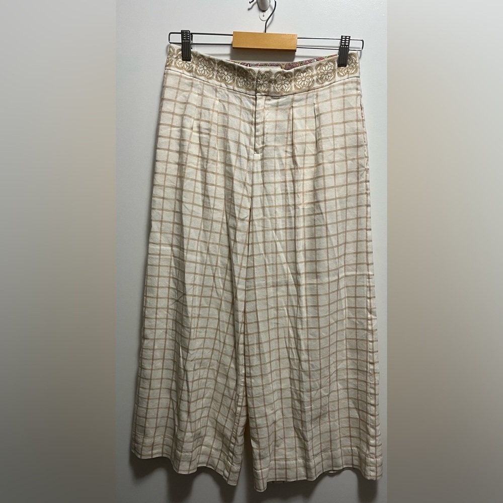 Anthropologie Elevenses Linen Tan Wide Split Leg Pants Beige Check Size 2